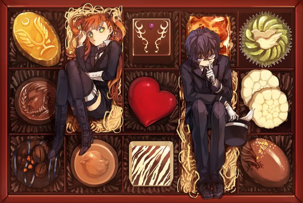 Anime picture 1327x893 with arcana famiglia felicita luca (arcana famiglia) long hair looking at viewer short hair open mouth black hair sitting purple eyes twintails green eyes orange hair finger to mouth girl thighhighs boy uniform black thighhighs hat