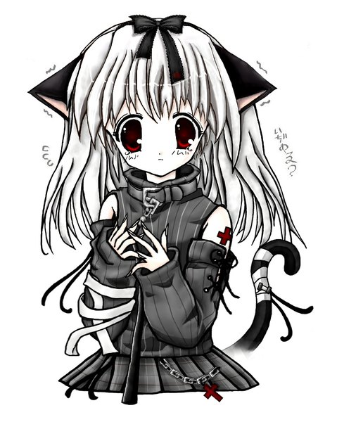 Anime picture 1236x1548 with original neko neko single long hair tall image looking at viewer blush fringe simple background red eyes white background animal ears white hair tail animal tail pleated skirt fingernails cat ears cat girl cat tail