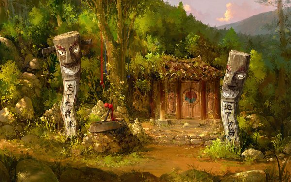 Anime picture 1200x752 with original paperblue wide image landscape nature plant (plants) tree (trees) building (buildings) door idol