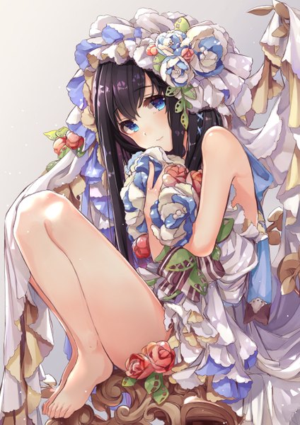 Anime picture 990x1400 with original ao no neko single long hair tall image looking at viewer fringe blue eyes black hair hair between eyes sitting bare shoulders holding full body bent knee (knees) head tilt barefoot light smile grey background bare legs