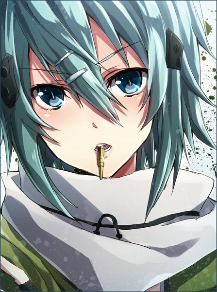 Anime picture 800x1072 with sword art online a-1 pictures asada shino keita (tundereyuina) single tall image blush fringe short hair blue eyes holding looking away aqua hair teeth mouth hold glow girl hair ornament hairclip bobby pin