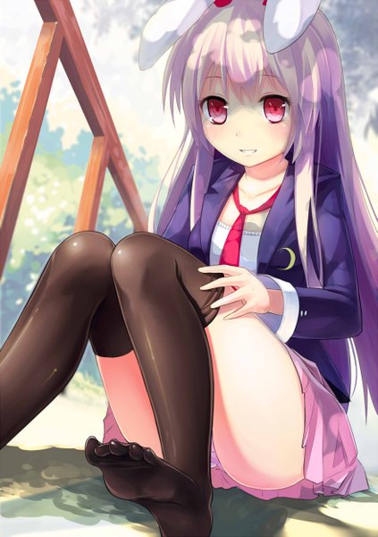Anime picture 879x1248 with touhou reisen udongein inaba xiaoyin li single long hair tall image fringe light erotic smile sitting animal ears purple hair pleated skirt pink eyes sunlight bunny ears sunbeam crescent girl thighhighs