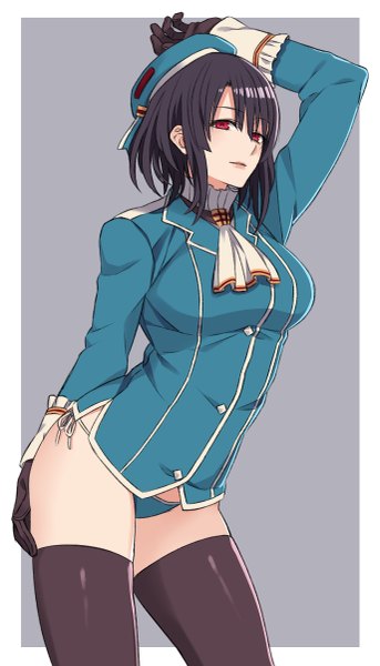 Anime picture 687x1200 with kantai collection takao heavy cruiser sora yoshitake yuda single tall image looking at viewer fringe short hair light erotic black hair simple background red eyes grey background hand on head framed girl thighhighs gloves uniform underwear