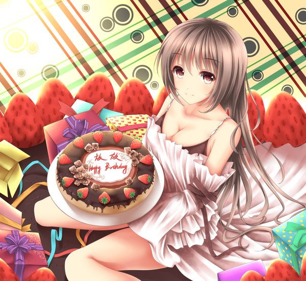 Anime picture 1850x1700 with original wsman single long hair looking at viewer fringe highres breasts smile brown hair sitting brown eyes cleavage from above wariza happy birthday girl dress ribbon (ribbons) food