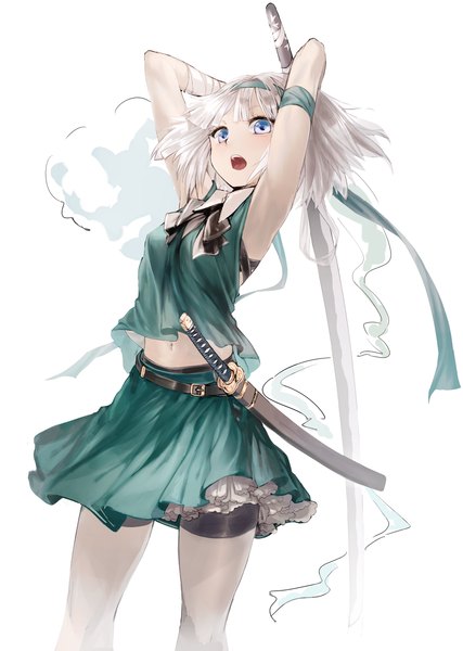 Anime picture 1280x1800 with touhou konpaku youmu myon geppewi single tall image looking at viewer blush short hair open mouth blue eyes simple background white background white hair ghost girl skirt weapon miniskirt sword