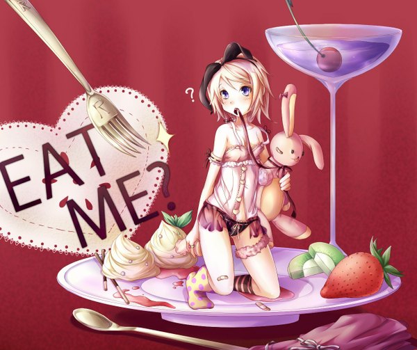 Anime picture 1300x1090 with vocaloid kagamine rin short hair blue eyes light erotic blonde hair cleavage kneeling mouth hold red background girl underwear panties food sweets toy stuffed animal berry (berries) bunny strawberry