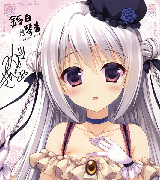 Anime picture 2256x2537 with mitsu king single long hair tall image looking at viewer blush highres open mouth purple eyes signed white hair braid (braids) girl dress bow hair bow bonnet