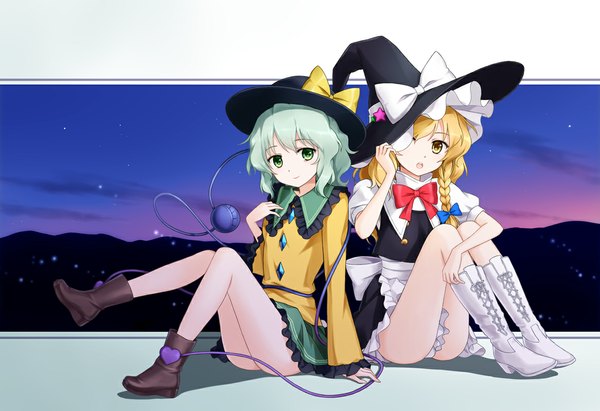 Anime picture 1167x800 with touhou kirisame marisa komeiji koishi tucana short hair open mouth light erotic blonde hair multiple girls green eyes yellow eyes braid (braids) green hair twin braids pantyshot sitting girl dress 2 girls hat boots