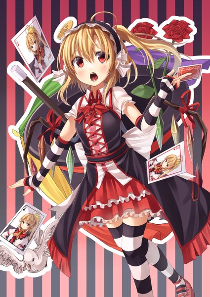 Anime picture 1254x1771 with touhou flandre scarlet gurasion (gurasion) single tall image blush short hair open mouth blonde hair red eyes girl thighhighs dress flower (flowers) wings striped thighhighs bonnet crystal card (cards)