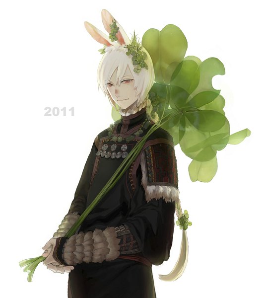 Anime picture 1024x1160 with original ririnra (artist) single long hair tall image red eyes white background white hair braid (braids) bunny ears new year bunny boy boy leaf (leaves)