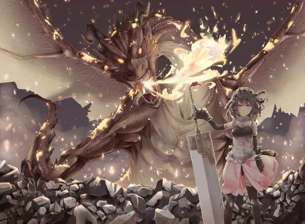 Anime picture 1419x1042 with fantasy earth zero eida@renshuuchuu short hair black hair red eyes glowing glowing eye (eyes) girl gloves weapon animal sword wings armor fire dragon huge weapon monster stone (stones)