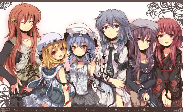 Anime picture 2200x1350 with touhou flandre scarlet remilia scarlet izayoi sakuya patchouli knowledge hong meiling koakuma nejime long hair highres short hair open mouth blonde hair smile red eyes brown hair wide image purple eyes bare shoulders multiple girls