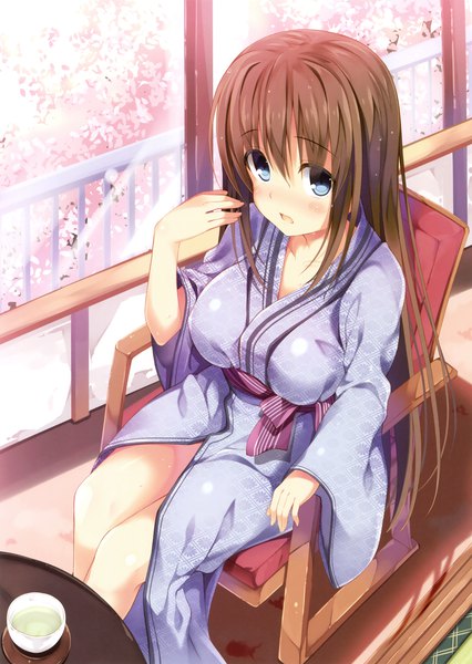 Anime picture 2483x3500 with original nozomi tsubame single long hair tall image looking at viewer blush highres open mouth blue eyes brown hair sitting traditional clothes japanese clothes scan official art cherry blossoms girl kimono