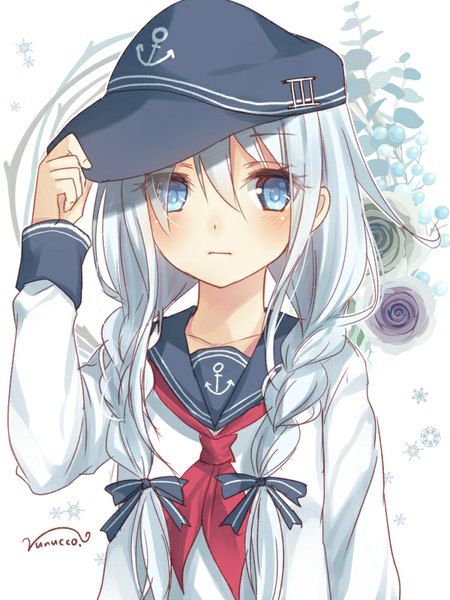 Anime picture 600x800 with kantai collection hibiki destroyer nunucco single long hair tall image looking at viewer blush blue eyes white background signed silver hair braid (braids) twin braids alternate hairstyle girl uniform flower (flowers) serafuku rose (roses)