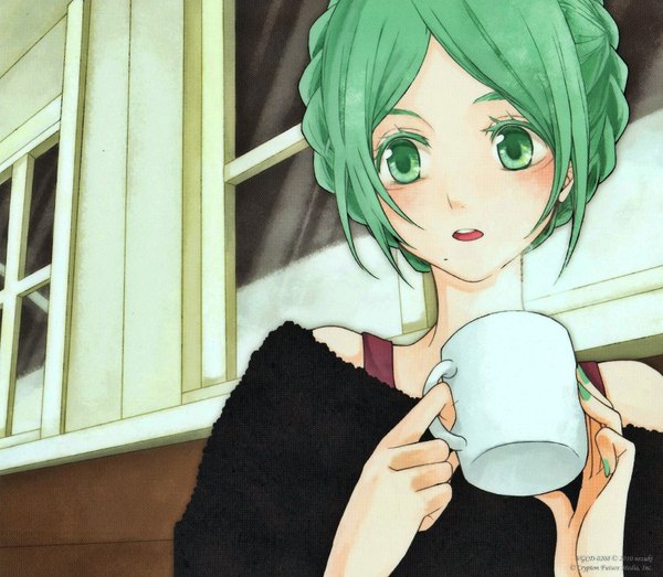 Anime picture 1628x1420 with vocaloid hatsune miku nezuki single looking at viewer open mouth green eyes nail polish green hair alternate hairstyle hair up girl window sweater mug