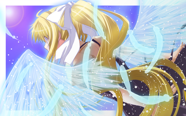 Anime picture 2000x1250 with air key (studio) kamio misuzu kyougoku touya long hair highres blue eyes blonde hair wide image ponytail girl wings feather (feathers)