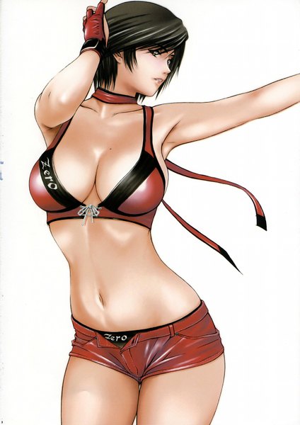 Anime picture 1131x1600 with rumble roses (game) hinomoto reiko single tall image short hair breasts light erotic black hair large breasts white background midriff grey eyes girl navel shorts fingerless gloves