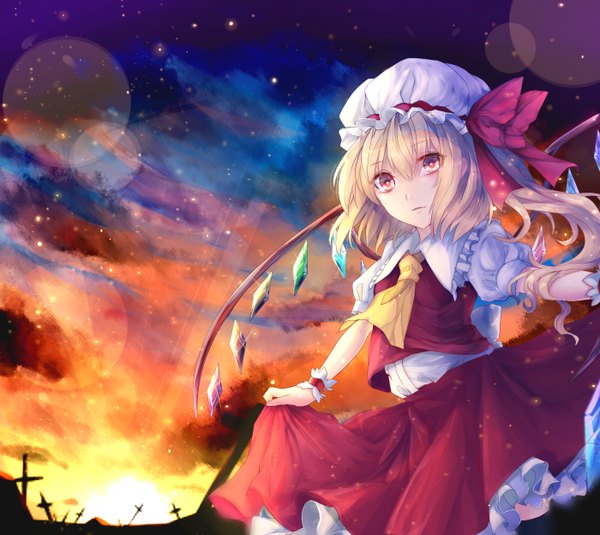 Anime picture 1400x1250 with touhou flandre scarlet renkarua single looking at viewer short hair blonde hair red eyes sky cloud (clouds) one side up evening sunset girl dress skirt bow wings frills bonnet