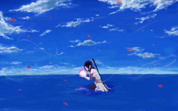 Anime picture 1344x840 with soul eater studio bones nakatsukasa tsubaki long hair wide image blue hair sky cloud (clouds) kneeling thighhighs water sea tokiwa osamu