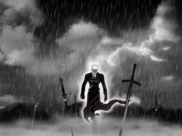 Anime picture 1600x1200 with fate (series) fate/stay night studio deen type-moon archer (fate) highres white hair wallpaper monochrome rain unlimited blade works boy sword