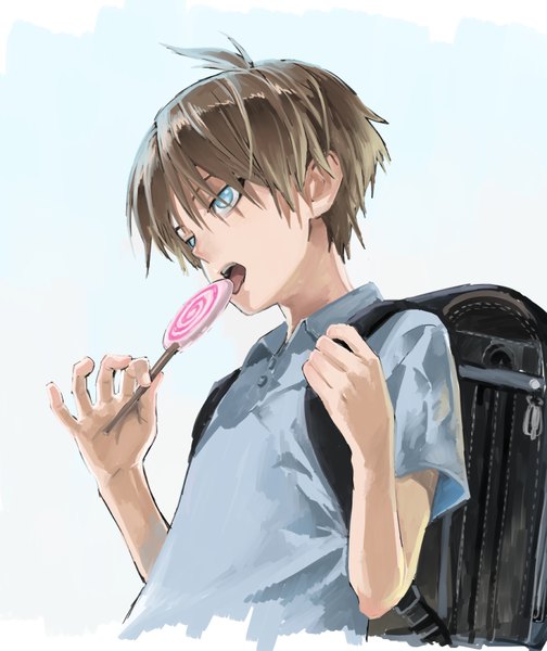 Anime picture 691x822 with one-punch man madhouse doutei (one-punch man) indesign single tall image short hair open mouth blue eyes simple background brown hair looking away ahoge blue background boy shirt food sweets tongue candy