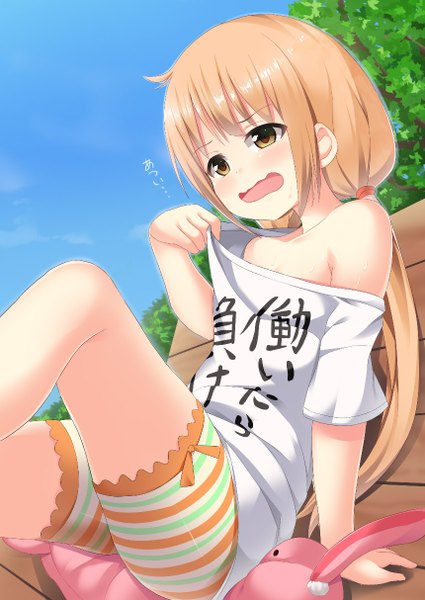 Anime picture 860x1214 with idolmaster idolmaster cinderella girls futaba anzu takocha single long hair tall image blush fringe open mouth blonde hair sitting twintails brown eyes payot sky ahoge outdoors off shoulder low twintails