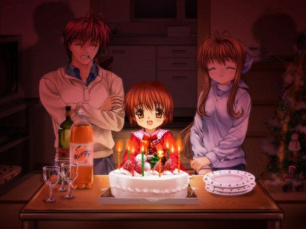 Anime picture 1024x768 with clannad key (studio) okazaki ushio furukawa sanae furukawa akio mutsuki (moonknives) christmas family food sweets bottle cake candle (candles) christmas tree goblet