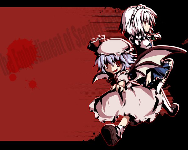Anime picture 1280x1024 with touhou remilia scarlet izayoi sakuya dollar red background girl
