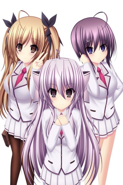 Anime picture 3000x4500 with toyokawa itsuki (p mayuhime) long hair tall image blush highres short hair simple background brown hair white background purple eyes twintails multiple girls brown eyes silver hair purple hair light smile black eyes girl uniform school uniform