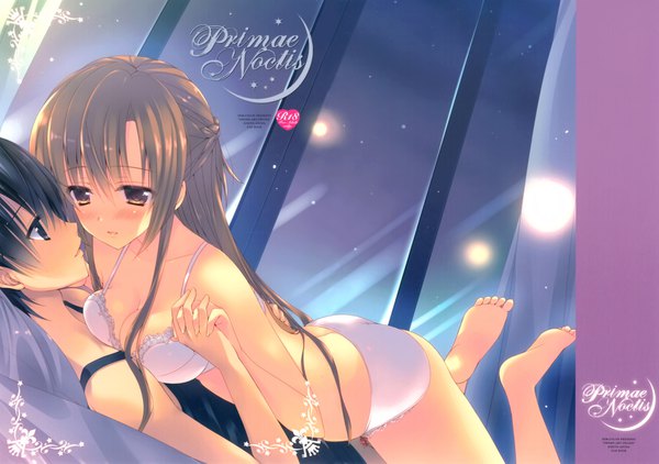 Anime picture 4288x3023 with sword art online a-1 pictures yuuki asuna kirigaya kazuto mitsu king long hair blush fringe highres breasts light erotic black hair brown hair brown eyes signed payot absurdres bent knee (knees) ass indoors