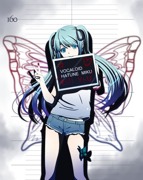 Anime picture 837x1052 with vocaloid hatsune miku kotomikanta single long hair tall image looking at viewer fringe hair between eyes standing twintails head tilt aqua eyes aqua hair copyright name character names text victory english covered mouth