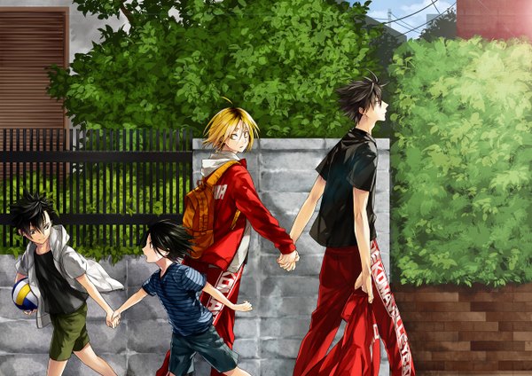 Anime picture 1300x920 with haikyuu!! production i.g kuroo tetsurou kozume kenma suigal53 short hair open mouth black hair blonde hair smile looking away multicolored hair sunlight open clothes open jacket two-tone hair multiple boys holding hands dual persona alternate age