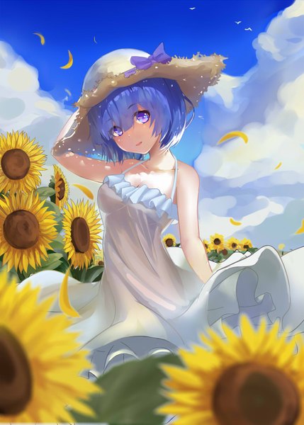 Anime picture 1200x1679 with re:zero kara hajimeru isekai seikatsu white fox rem (re:zero) loading (vkjim0610) single tall image looking at viewer fringe short hair hair between eyes standing purple eyes bare shoulders blue hair cloud (clouds) head tilt sunlight sleeveless adjusting hat girl