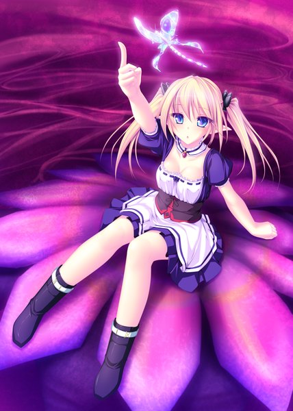 Anime picture 1426x2000 with original tenmaso single long hair tall image highres blue eyes blonde hair sitting twintails pointy ears looking up girl dress insect butterfly apron corset