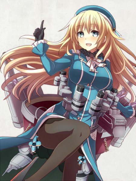 Anime picture 750x1000 with kantai collection atago heavy cruiser yamaneco single long hair tall image looking at viewer blush fringe breasts open mouth blue eyes simple background blonde hair smile large breasts happy girl dress gloves