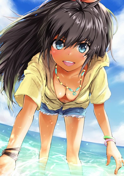 Anime picture 810x1145 with idolmaster ganaha hibiki kiriyama single long hair tall image looking at viewer breasts open mouth blue eyes black hair cleavage leaning leaning forward girl water shorts bracelet sea necklace