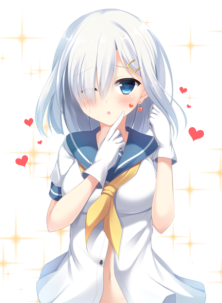 Anime picture 650x886 with kantai collection hamakaze destroyer tomoo (tomo) single tall image looking at viewer blush fringe short hair breasts open mouth blue eyes simple background large breasts white background silver hair one eye closed wink hair over one eye bare belly