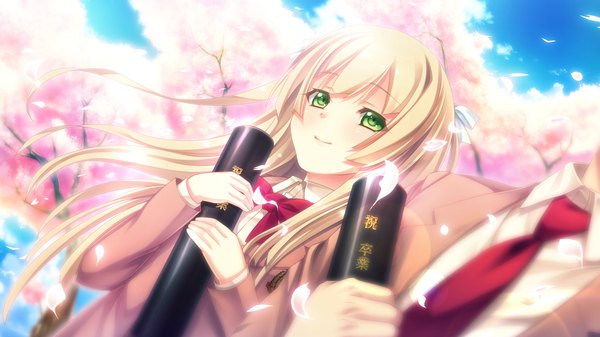 Anime picture 1280x720 with innocent bullet yasouji ai long hair blonde hair smile wide image green eyes game cg cherry blossoms graduation girl uniform plant (plants) school uniform petals tree (trees)