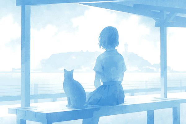 Anime picture 1280x853 with original namito single short hair black hair from behind scenic girl skirt animal shirt cat bench