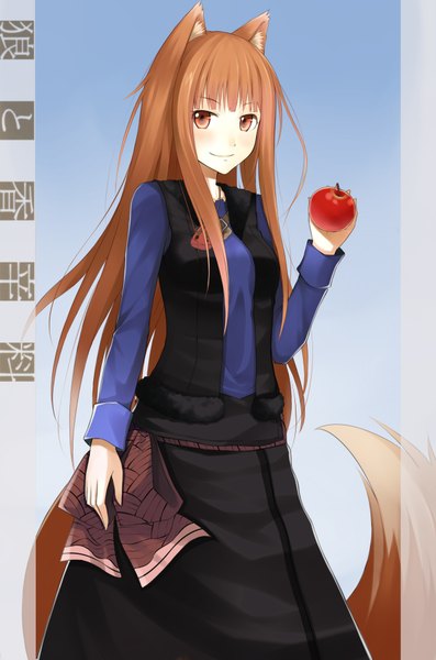 Anime picture 2480x3743 with spice and wolf horo holo mushroom (artist) single long hair tall image looking at viewer blush highres smile brown hair brown eyes animal ears animal tail girl dress apple