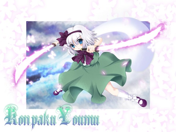Anime picture 1400x1049 with touhou konpaku youmu hoshineko (kiraneko) blue eyes holding silver hair dual wielding girl sword