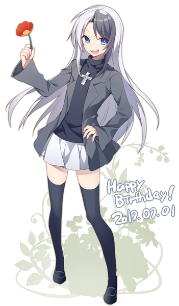 Anime picture 580x990 with original hijiri (resetter) single long hair tall image looking at viewer open mouth blue eyes black hair standing holding full body white hair pleated skirt multicolored hair two-tone hair hand on hip dated happy birthday girl