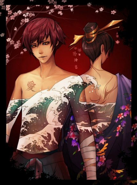 Anime picture 1024x1380 with original kanagawa okinami ura unodu tall image bare shoulders brown eyes red hair japanese clothes tattoo cherry blossoms back hieroglyph dual persona boy navel hair ornament flower (flowers) plant (plants) tree (trees) water