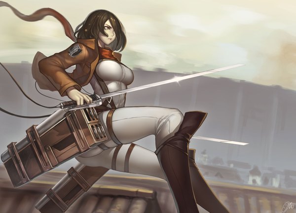 Anime picture 2287x1649 with shingeki no kyojin production i.g mikasa ackerman evan yang single highres short hair black hair holding brown eyes open clothes open jacket dual wielding girl weapon sword boots belt scarf thigh strap