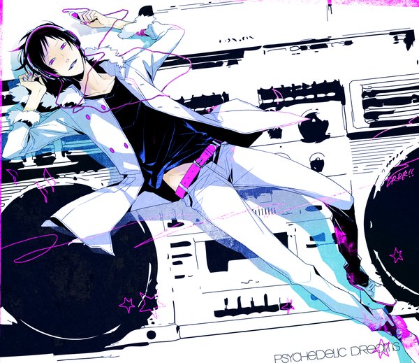 Anime picture 1156x1000 with durarara!! brains base (studio) psychedelic dreams orihara izaya me! coming soon! (artist) single short hair black hair nail polish pink eyes inscription boy belt headphones fur hood coat wire (wires) digital media player