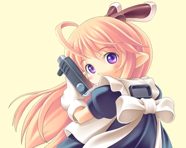 Anime picture 1280x1024 with ichigeki sacchuu!! hoihoi-san hoihoi-san single long hair looking at viewer purple eyes ahoge orange hair girl dress gloves weapon white gloves gun