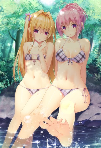 Anime picture 1100x1600 with toloveru toloveru darkness xebec konjiki no yami momo velia deviluke shokuyou mogura long hair tall image looking at viewer fringe short hair breasts light erotic blonde hair hair between eyes sitting purple eyes multiple girls pink hair ahoge