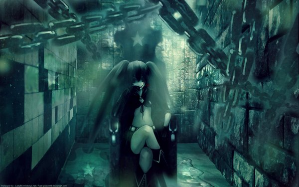 Anime picture 1920x1200 with black rock shooter black rock shooter (character) huke single long hair looking at viewer highres blue eyes black hair wide image sitting twintails heterochromia crossed legs glowing blue background glowing eye (eyes) girl shorts star (symbol)