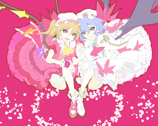 Anime picture 1000x800 with touhou flandre scarlet remilia scarlet 119 short hair open mouth simple background blonde hair red eyes multiple girls purple hair light smile holding hands bat wings girl dress gloves bow 2 girls wings