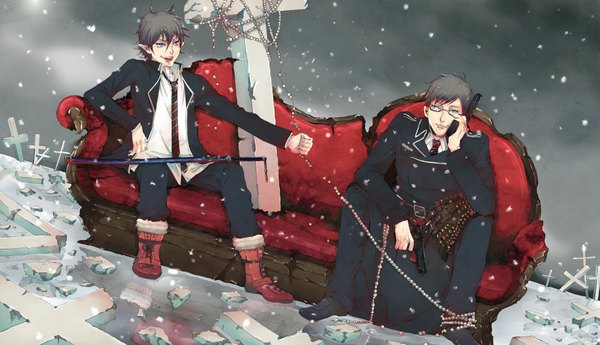 Anime picture 2084x1200 with ao no exorcist a-1 pictures okumura rin okumura yukio soudwrong fringe highres short hair blue eyes hair between eyes wide image sitting pointy ears grey hair multiple boys dutch angle snowing winter snow siblings